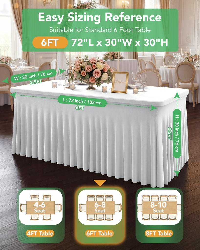 Spandex Table Cover Skirts with Floor-Length Ruffle, 6 ft, White, 4 Pack