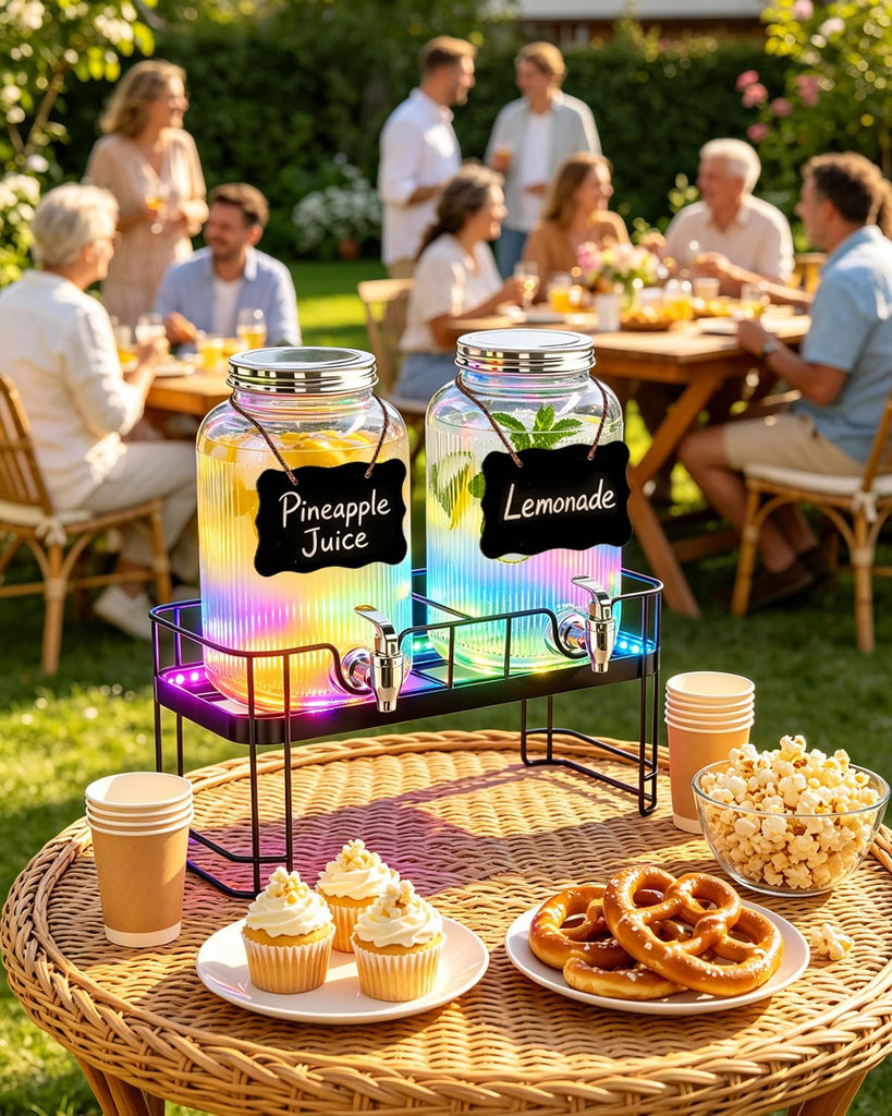 Drink Dispensers for Parties, 2 Pack 1 Gallon Glass Jars with LED Stand - Set of 2