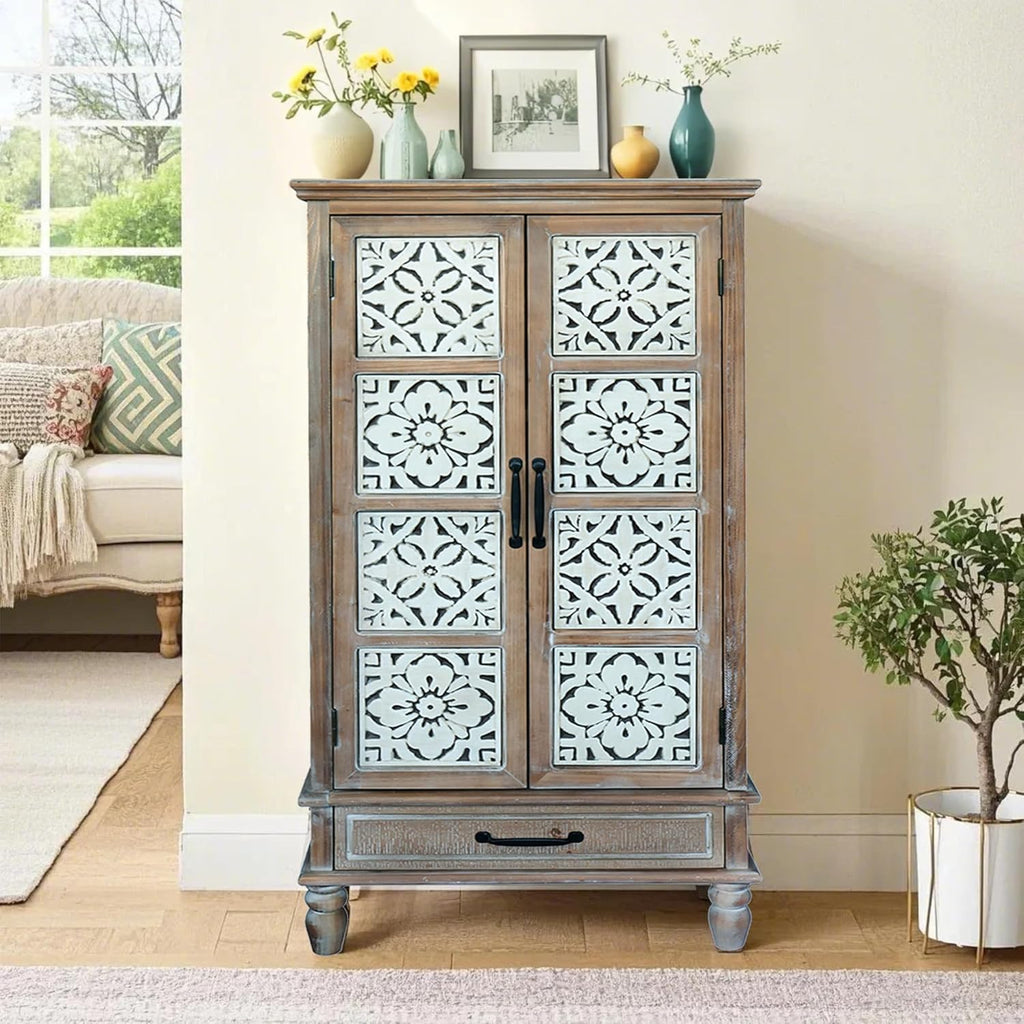 55" Tall Carved Accent Cabinet,Solid Wood Sideboards Buffet Cabinet | French Country Narrow Carved Accent Storage