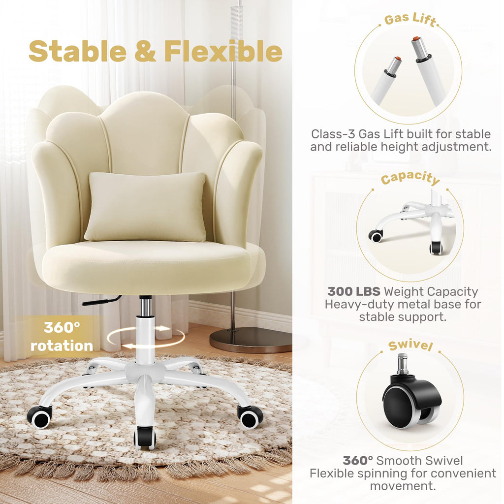 Oatmeal Vanity Chair with Wheels, Petal Velvet Armless Desk Chair