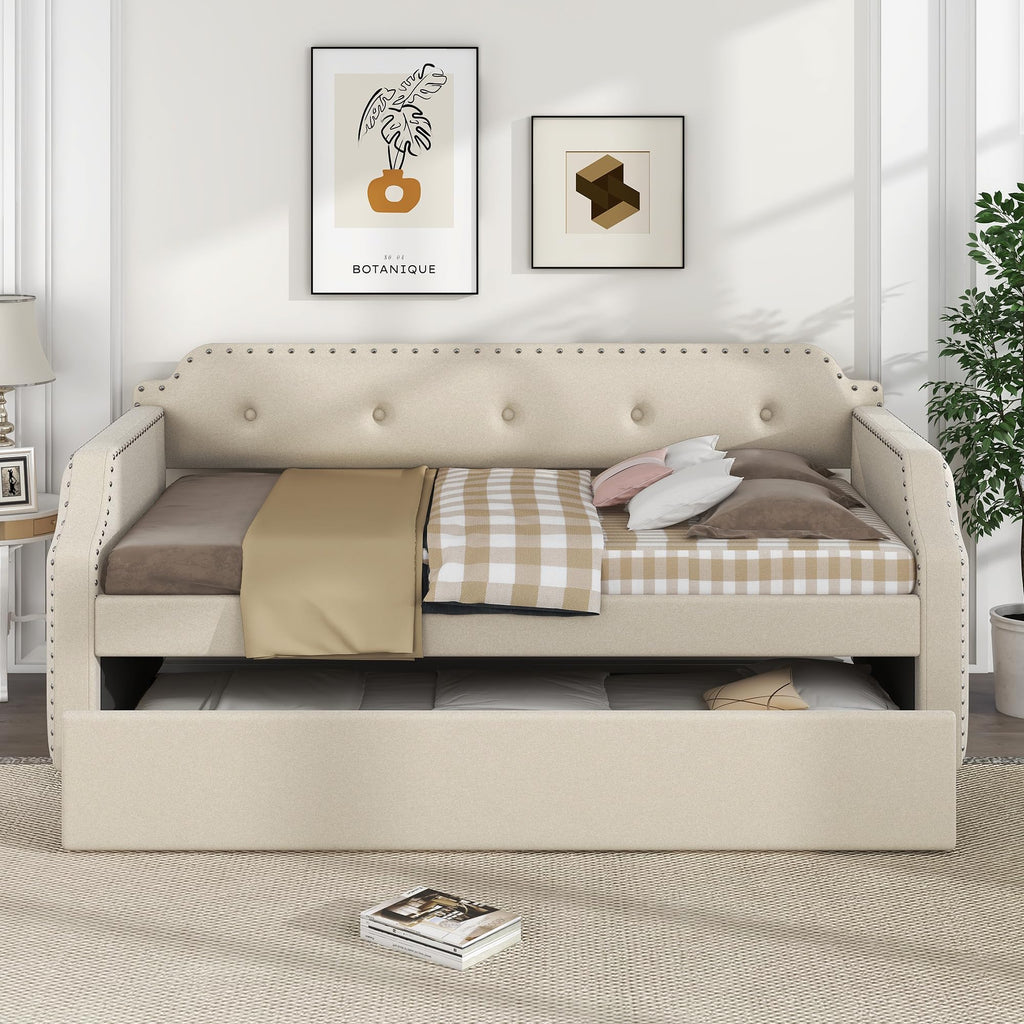 Twin Size Daybed with Trundle, Upholstered DayBed and A Trundle, Modern Tufted Sofa Bed Linen Fabric Daybed, Solid