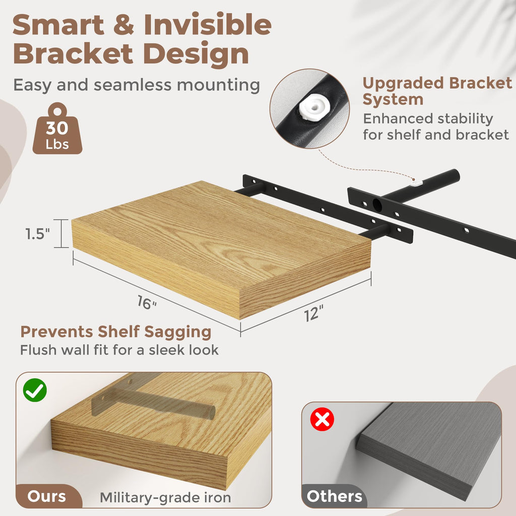 16 Inch Floating Shelves for Wall 2 Pack, 12"D Wood Gra Shelves