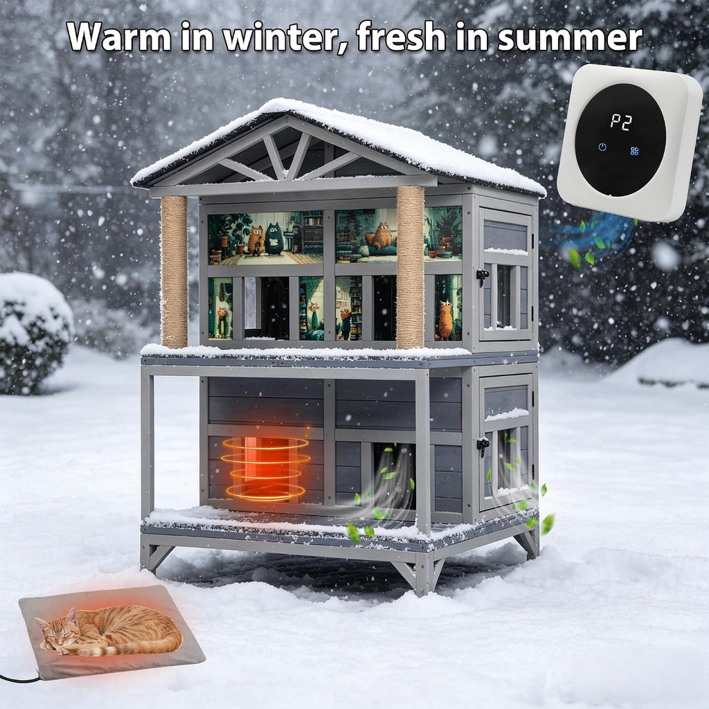 Double-Layer Feral Cat House, 50" Tall Weatherproof Outdoor Cat Shelter with 4 Sleeping Compartments, Asphalt Roof
