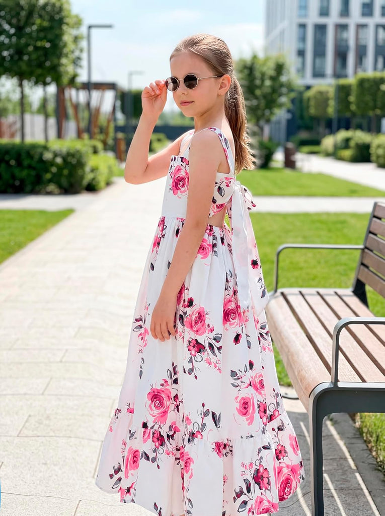 Floral Girls Summer Dress Maxi Flowy Tie Back Spring Kids Birthday Party Sundress