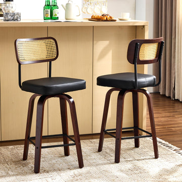 Modern Bar Stool 26" H, PU Leather with Rattan Back, 360° Swivel, Solid Wood Legs Barstools Island & Home Bar, Black