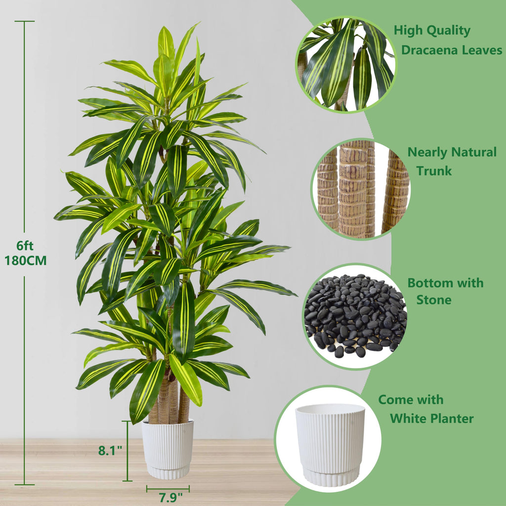 6ft Artificial Dracaena Tree Fake Floor Plant in White Planter