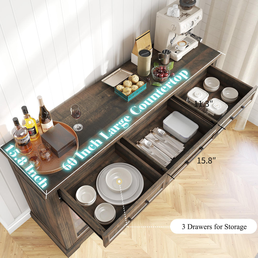 60" Coffee Bar Cabinet with Fridge, Mini Fridge Cabinet, Sideboard Cabinet