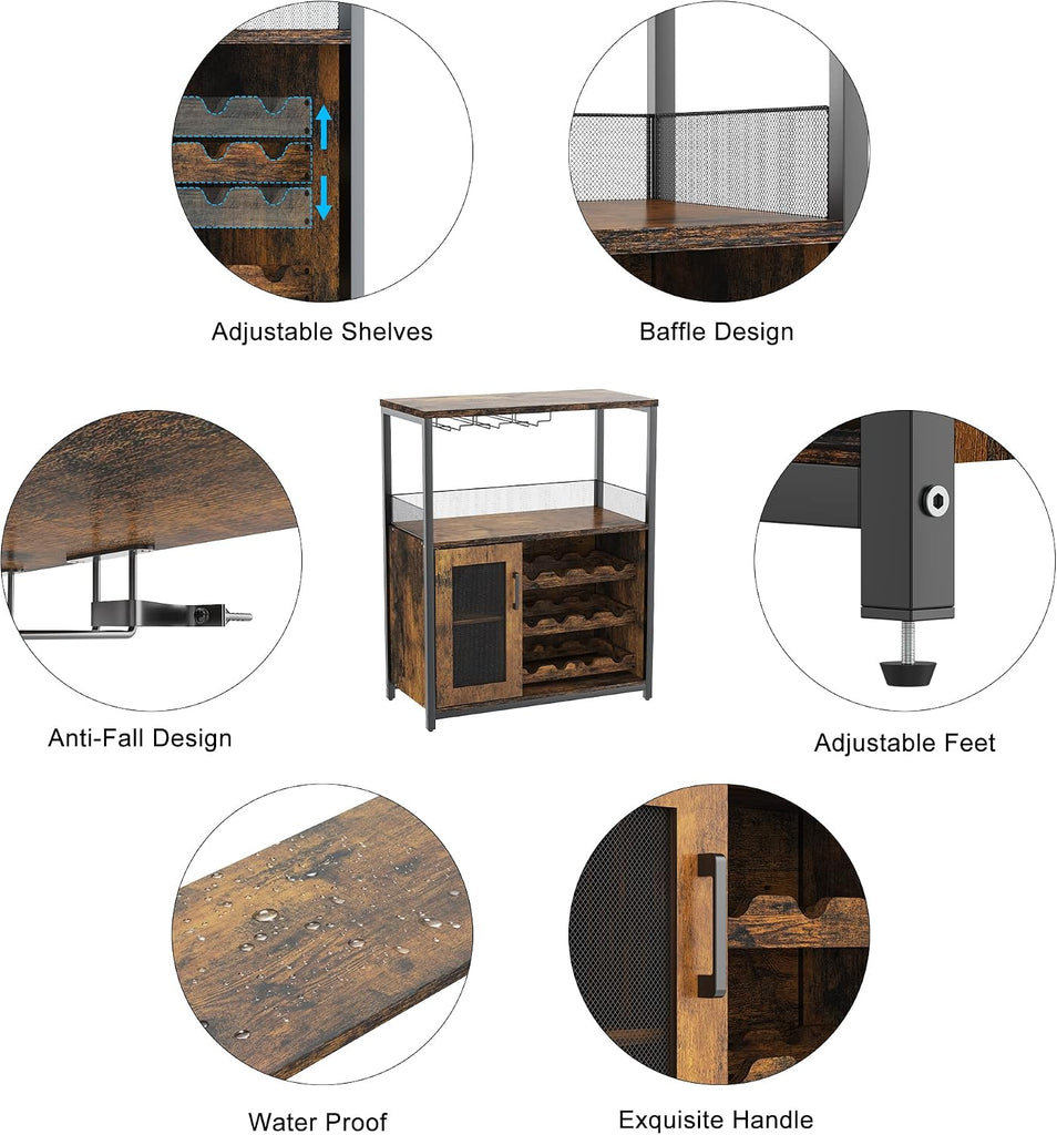 Wine Bar Cabinet with LED Lights, Liquor Cabinet with Storage | 3-Tier Coffee Bar Cabinet with Wine Rack, Glass