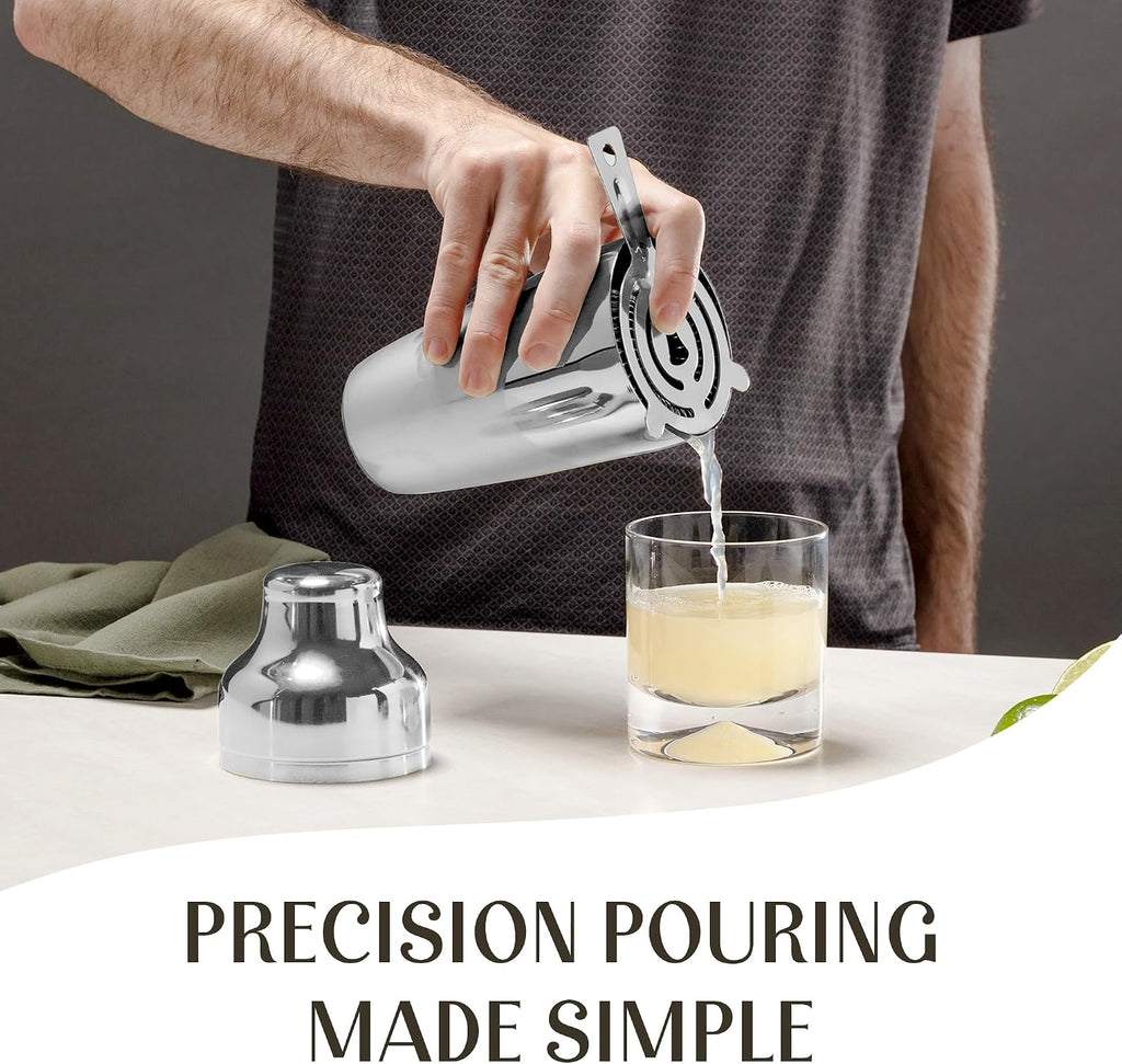 Cocktail Shaker Set - Bartender Kit with Pine Stand | Leak-Proof Design | Includes Martini Shaker, Jigger, Strainer - Set of 8