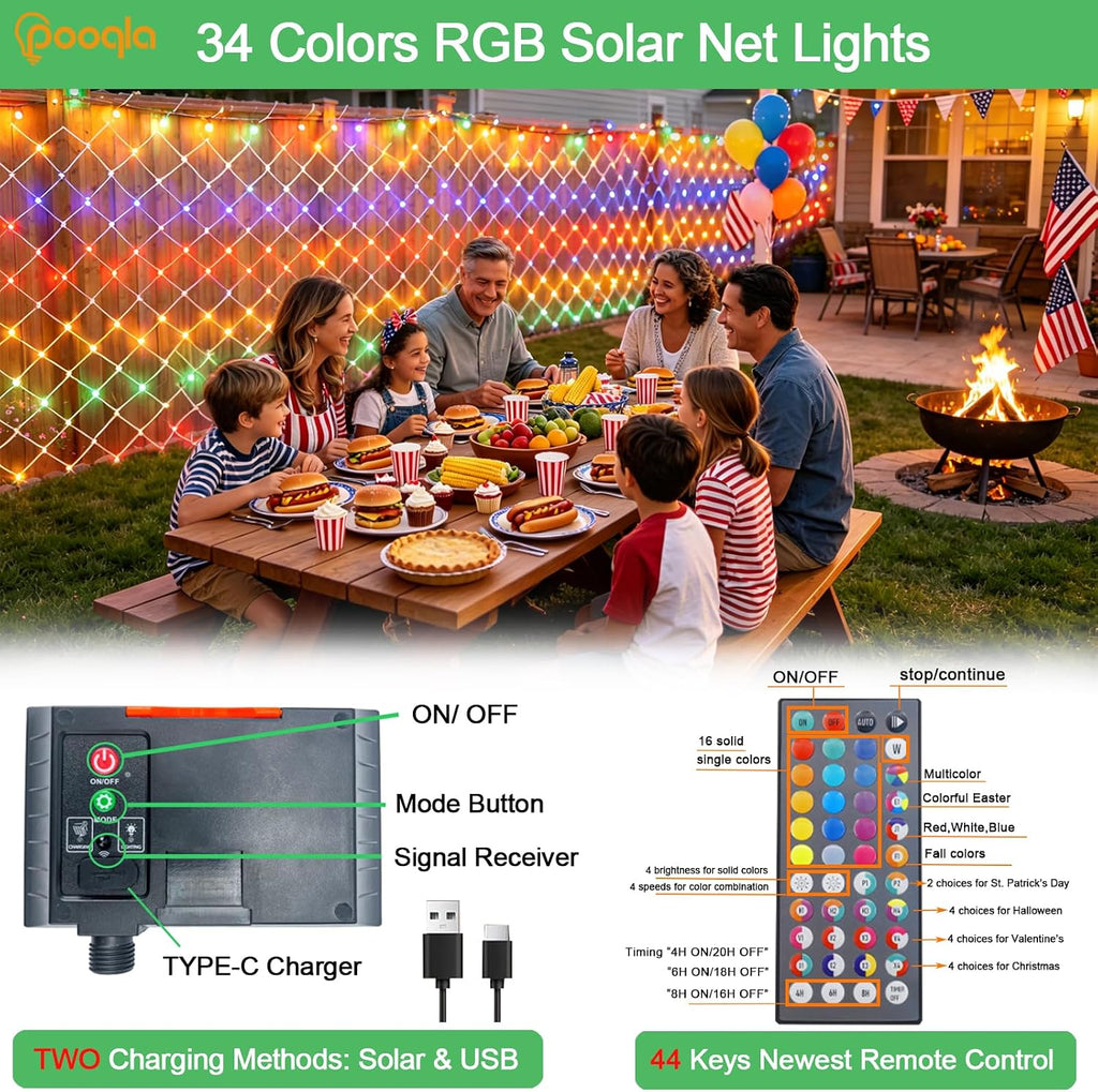 34 Colors Changing Net Lights Outdoor Solar & USB Powered, 6.5x6.5ft
