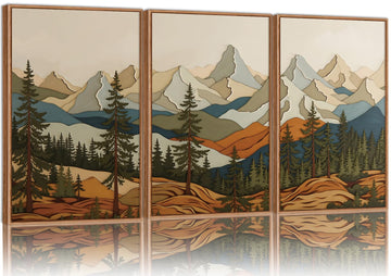 Vintage Mountains Framed Canvas Wall Art, Wooden Forest Wall Decor, Green Wood Pine Trees Wilderness Artwork, Natural