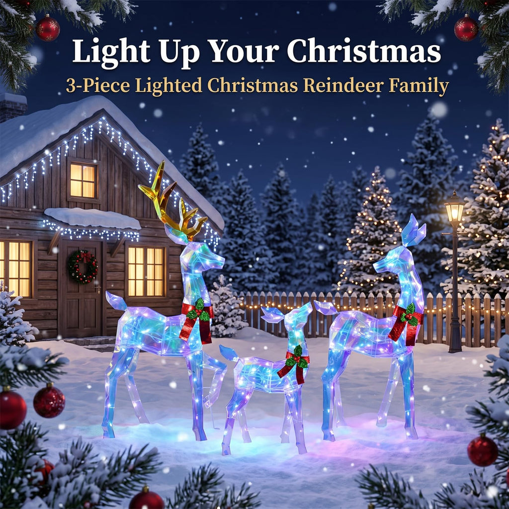 2.5D 48 Inch Pre-Lit Christmas Deer Decorations Outdoor, 3 Pack Lighted Reindeer with 145Warm White LED Lights, Gold