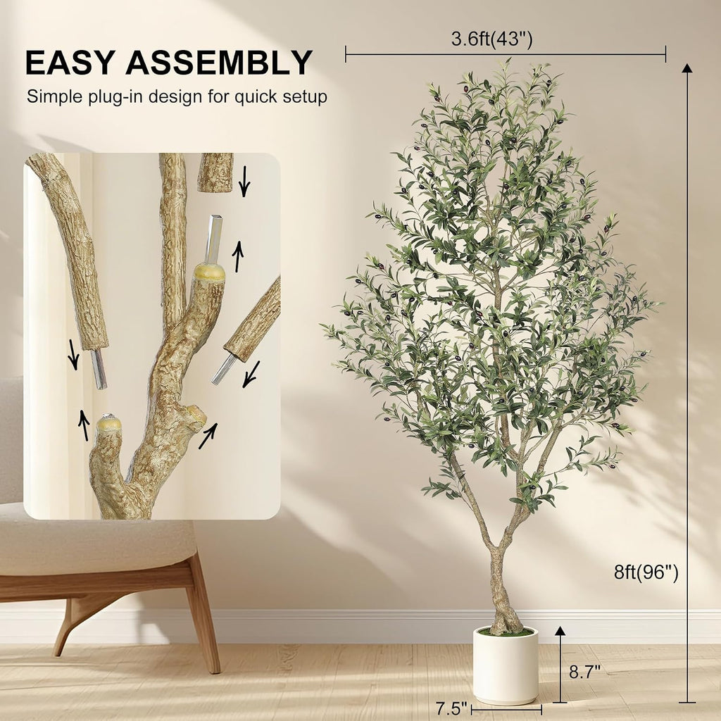 Faux Olive Tree 8ft with Sturdy White Planter, Fake Olive Tree 8ft