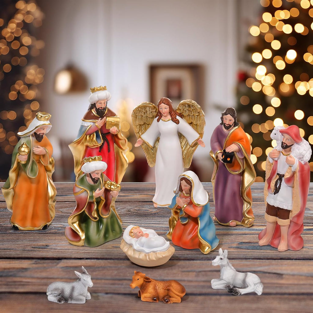 11 Pcs Christmas Nativity Gift Set Resin Nativity Scene Figurine Set 7 Holy Family Statue for Indoor Decoration Jesus