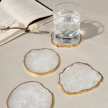 White Agate Stone Crystal Coasters with Gold Edge White Agate Coasters 3.5 to 4 inch Salted Agate Coaster - Set of 4