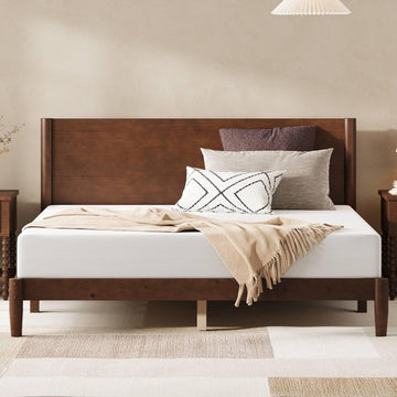 Solid Wood Queen Bed Frame, Mid Century Modern Platform Bed with Full Panel Headboard, Wooden Bed with Cylindrical