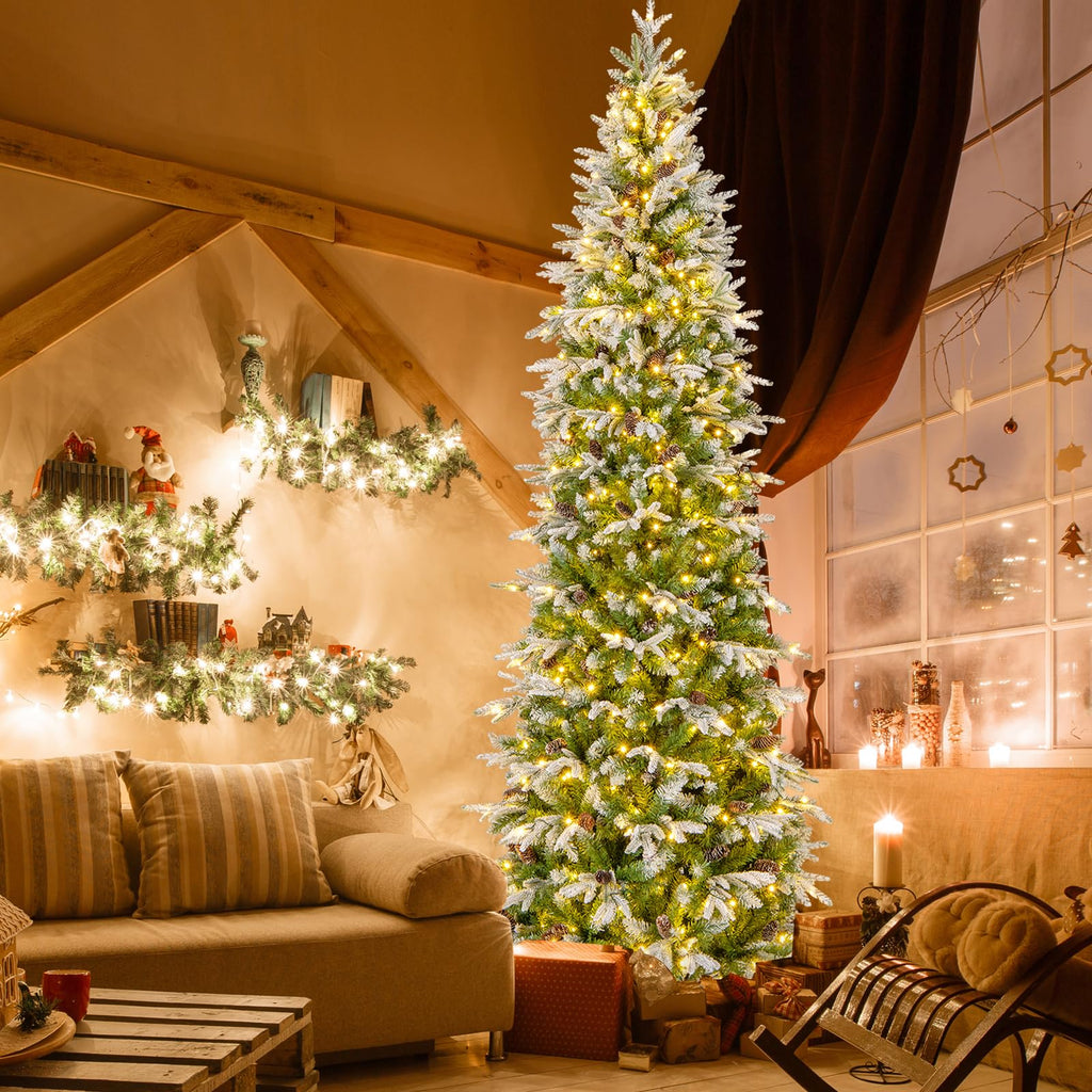 9 FT Pre-lit Flocked Pencil Christmas Tree, Hinged Artificial Xmas Tree with 1310 PE PVC Branch Tips, 470 Warm White