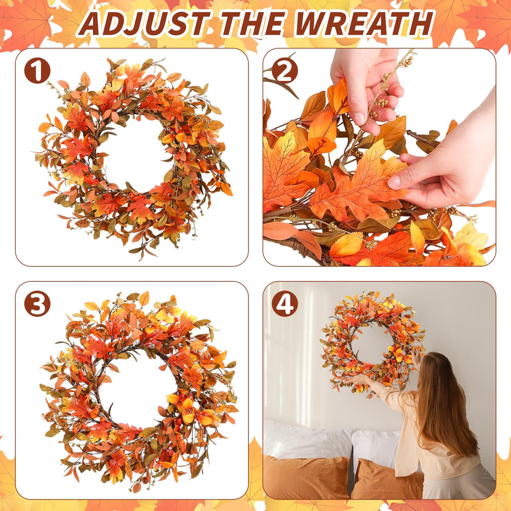 2 Pcs 22'' Fall Wreaths for Front Door Autumn Wreaths with Berries Harvest Eucalyptus Leaves Orange Gold Leaves Wall