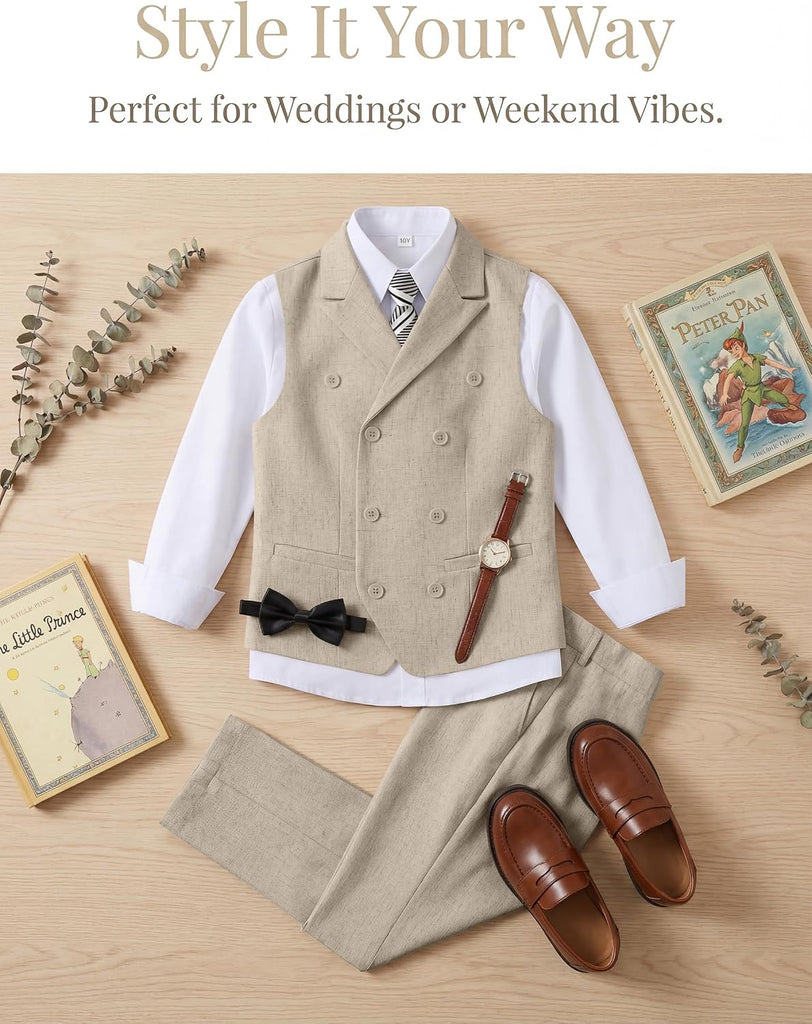Boys Linen Suit Slim Fit Kids 5 Piece Casual Summer Suits Set