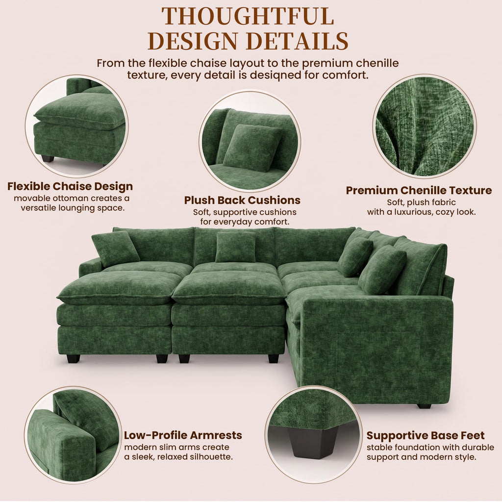 100" Modular Sectional Sofa, L-Shaped Cloud Couch with Ottoman, Green