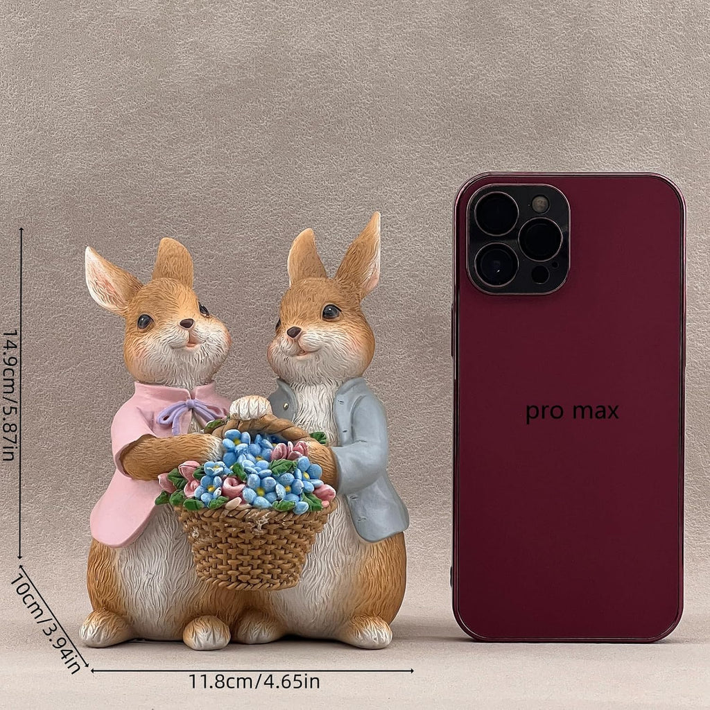 Bunny Statue Resin Flower Basket Rabbit Easter Spring Desk Home Decor Gift