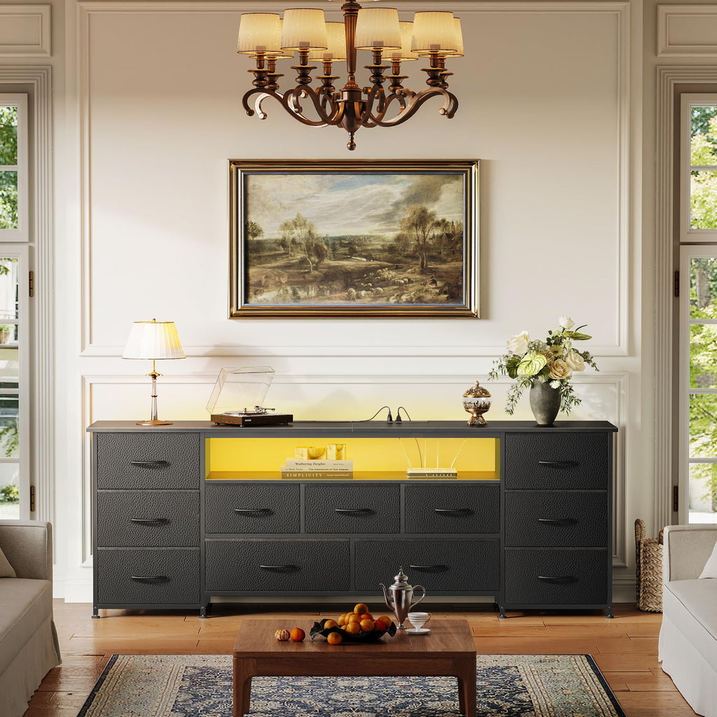 63 Inch TV Stand for 65, 70 Inch TV, 11 Drawer Long Dresser with Power Outlets and LED Lights, Entertainment Center