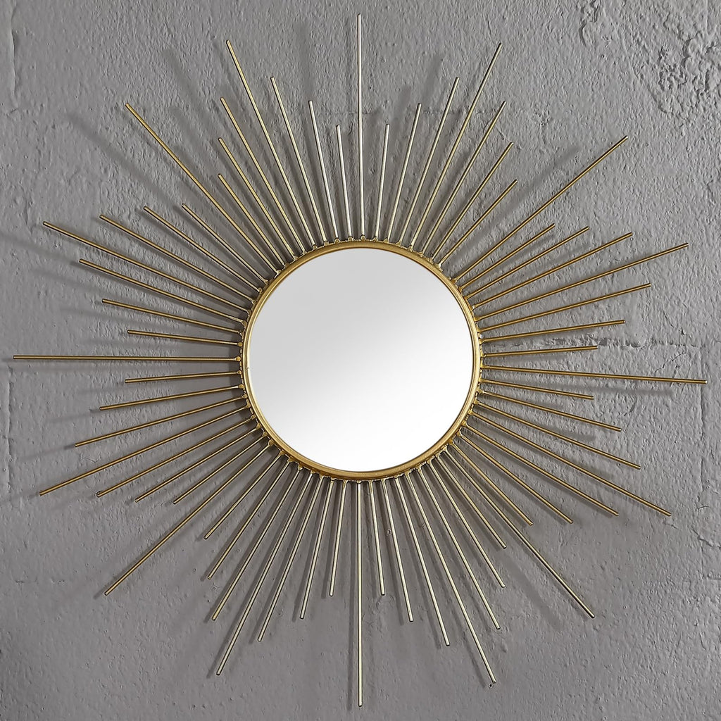 24'' Large Gold Sunburst Mirror, Metal Starburst Mirrors, Mid-Century Modern Sun Mirror Wall Decor, and Entryway