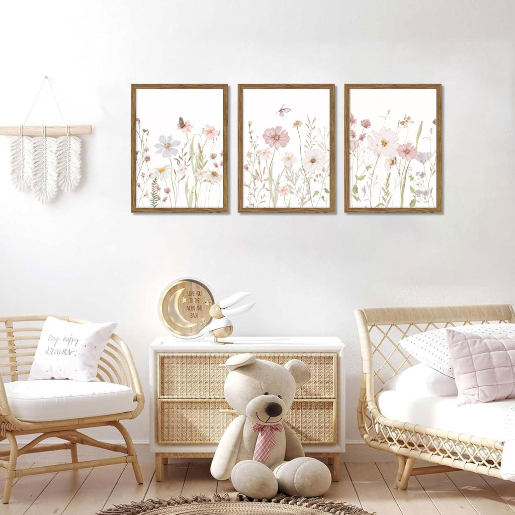 Framed Wildflower Wall Art Set of 3, Pink Floral Canvas Wall Decor Pictures, Vintage Flower Botanical Paintings