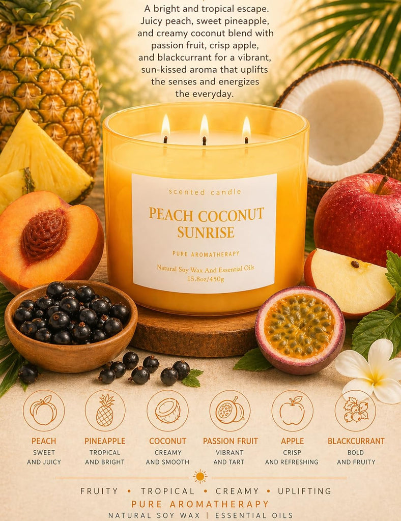Peach Coconut Sunrise Large 3-Wick Soy Scented Candle, 15.8 oz