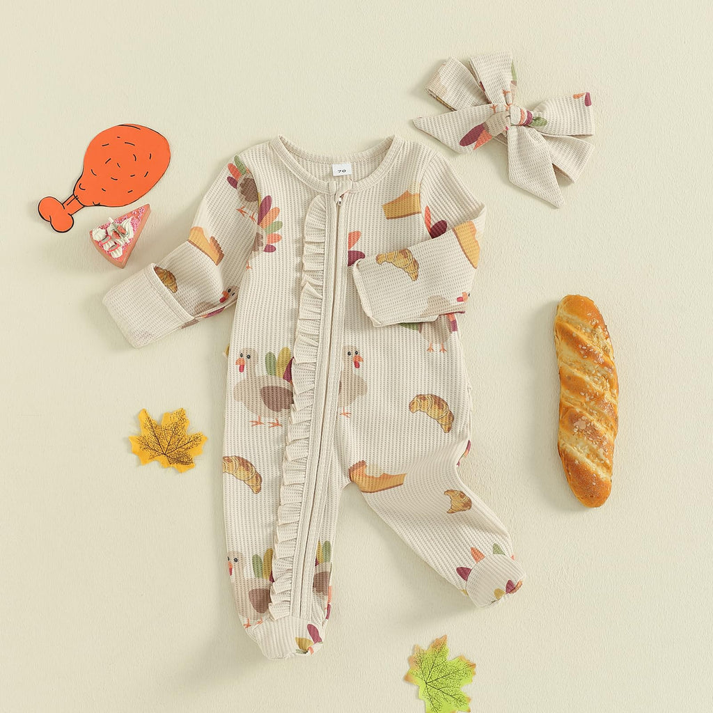 Baby Girl Thanksgiving Outfit Ruffle Romper Turkey Rolls Print Onesie Footie Jumpsuit Fall Winter Clothes (Khaki