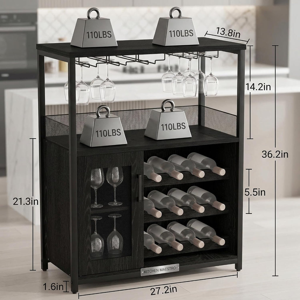 Wine Bar Cabinet, 3-Tier Removable wine rack cabinet glass holder, Mesh door adjustable shelf display cabinet bar
