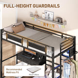 Twin Over Twin Bunk Bed with Desk with 3 Drawers & Storage Shelves, Twin Bunk Bed with Charging Station & LED Lights