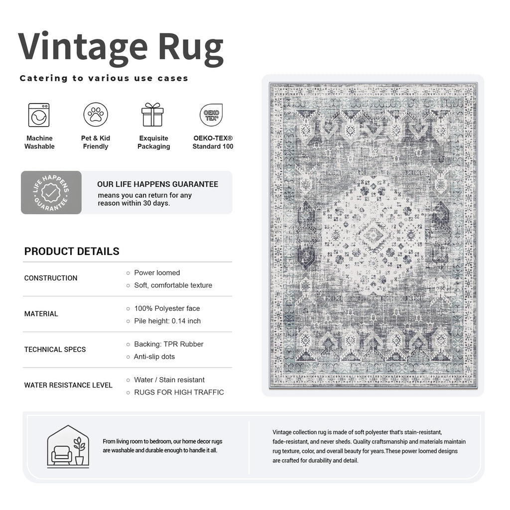 Washable Runner Rug - Extra Long Vintage Hallway Rugs with Non Slip Backing Soft Stain Resistant Carpet Bedroom