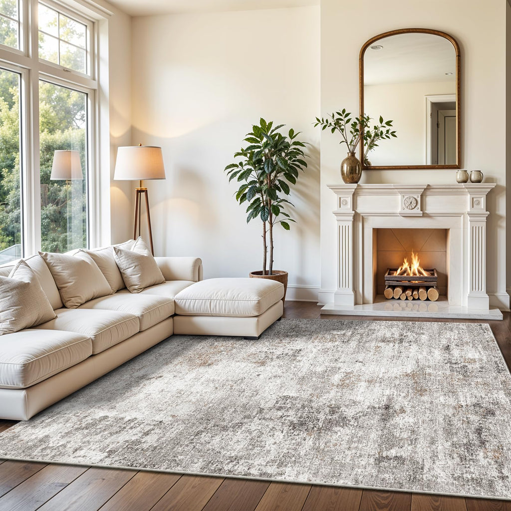 5x7 Non-Slip Machine Washable Area Rug - Modern Abstract Neutral Carpet - Soft Low Pile Stain-Resistant Rug with