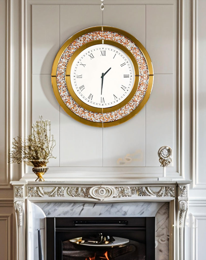 Crushed Diamond Wall Clock: Round Mirrored Clock 23.6 inch Brown