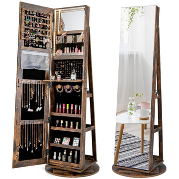 360° Jewelry Armoire with Full Length Mirror, Lockable Jewelry Organizer w/3-Color LED lights, Storage Shelves