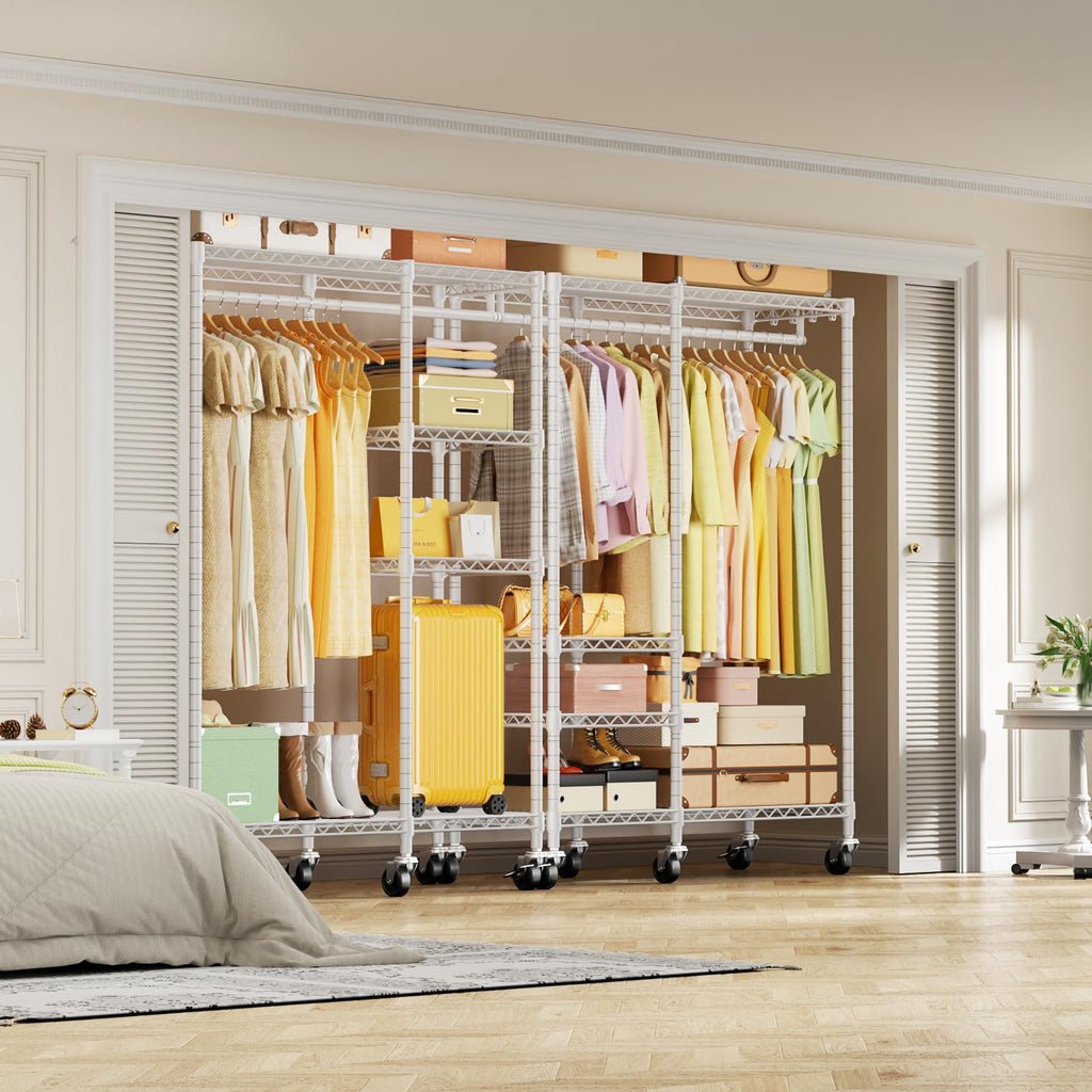 F4R Heavy Duty Clothes Rack(With Lockable Wheels ) Rolling Clothing Racks for Hanging Clothes,Adjustable Closet