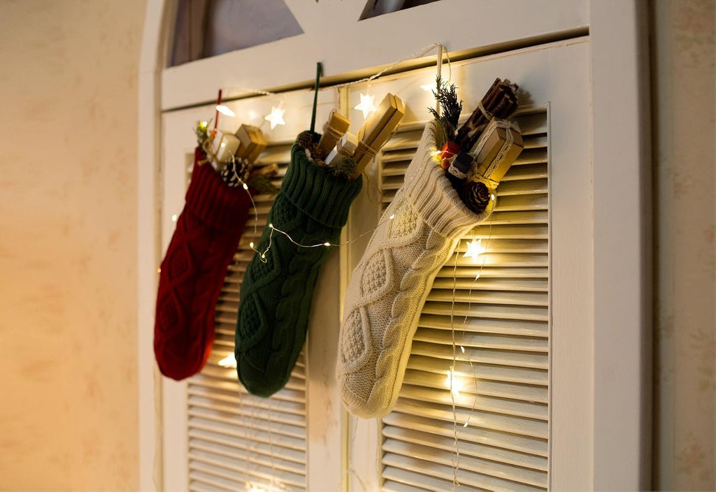 14" Unique Burgundy and Ivory White and Green Knitted Christmas Stockings - Set of 3