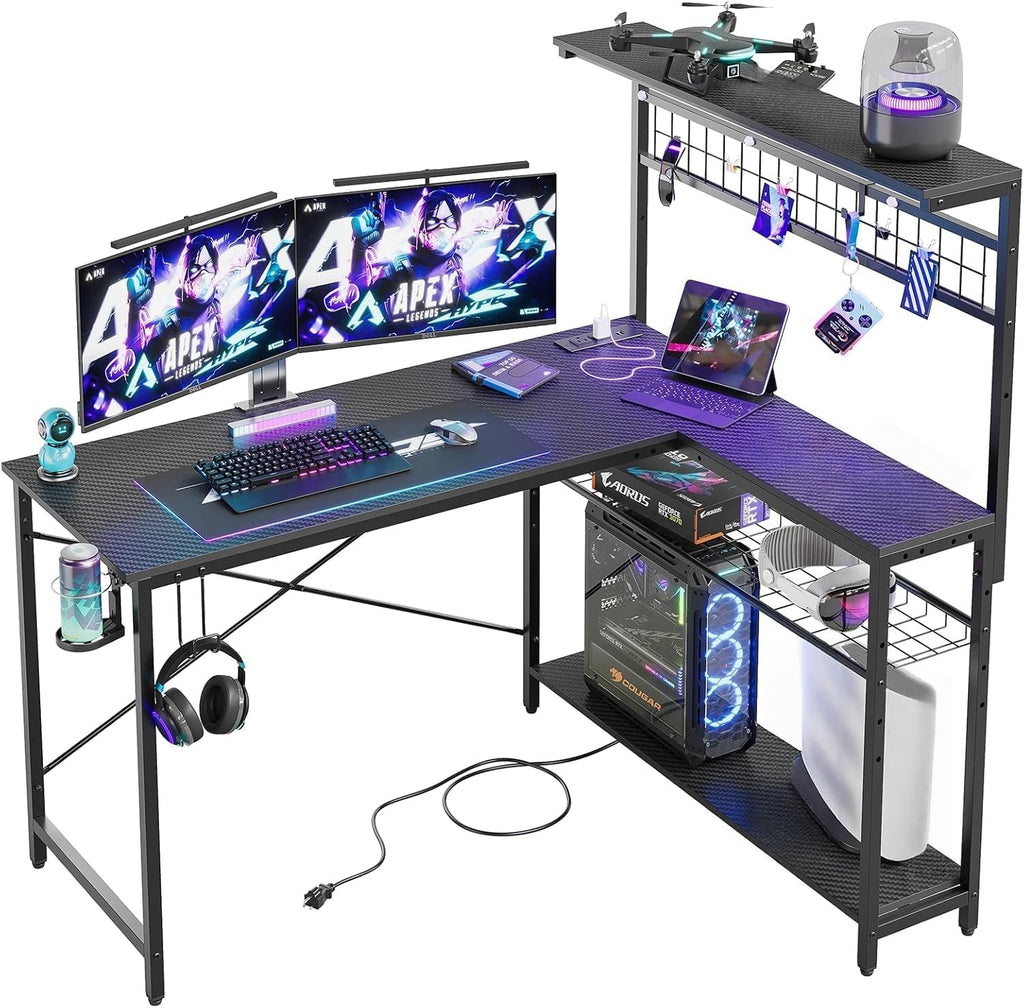51" L Gaming Desk with Power Outlets LED Lights, Carbon Fiber Black | Reversible Design, LED Lights, Power Outlets