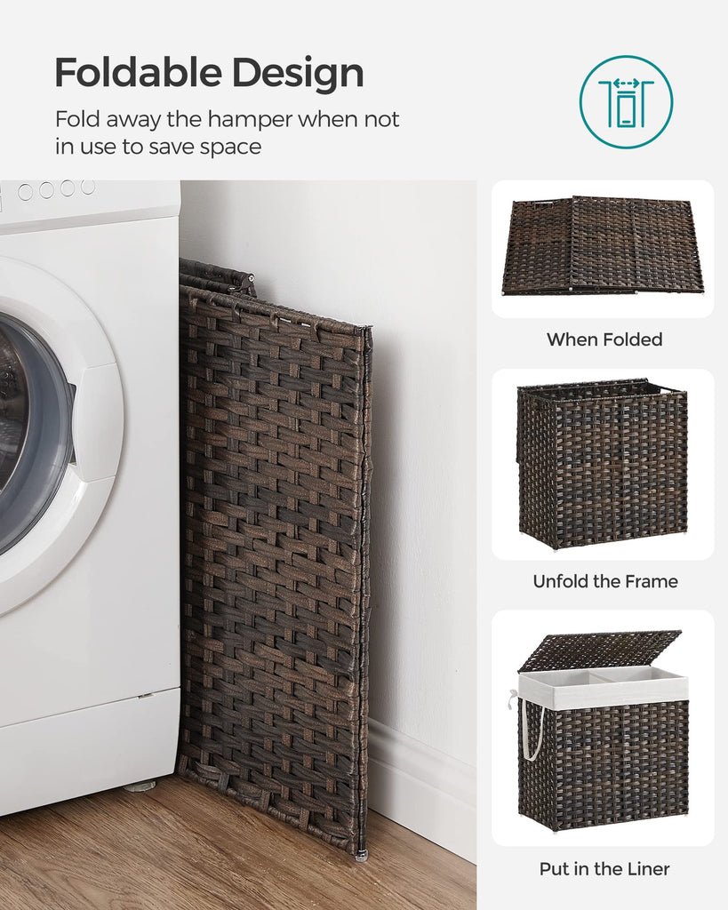 Laundry Hamper with Lid, 130L Double Wicker Basket, 6 Mesh Bags