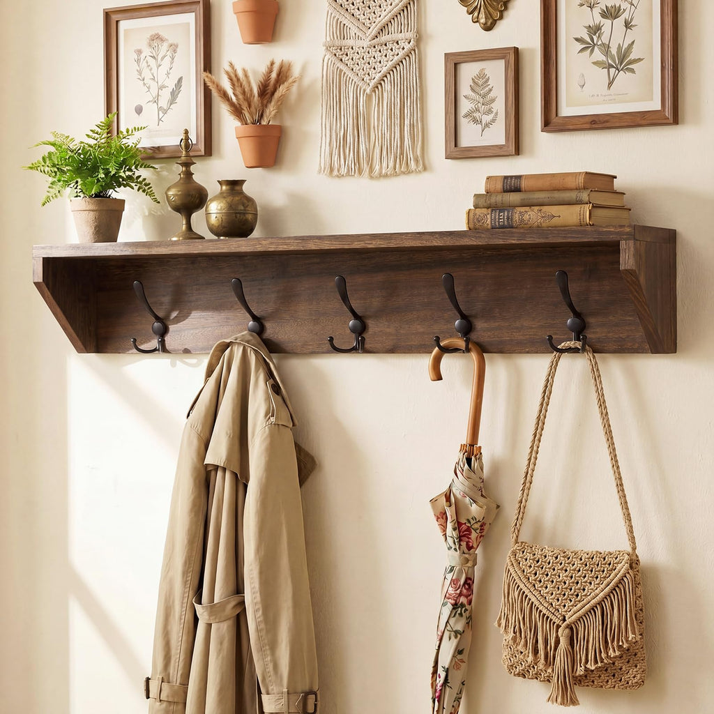 35 Inch Wall Shelf with Hooks and Shelf Organizer