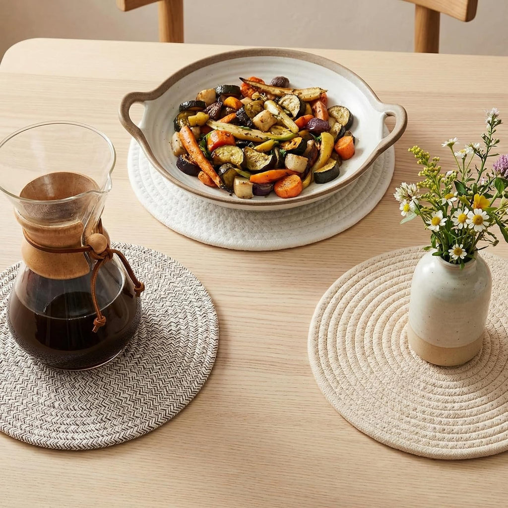 Inch Cotton Trivets for Quartz Countertops with Storage Basket - Thick Woven Hot Pads for Large Pots - Set of 5