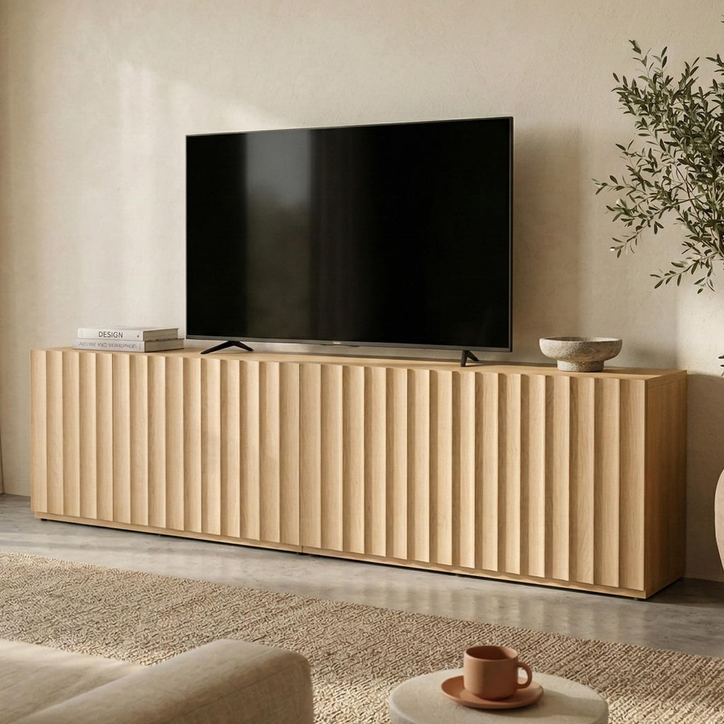 93.92" TV Stand, Modular Fluted Mid Century Modern, Light Oak