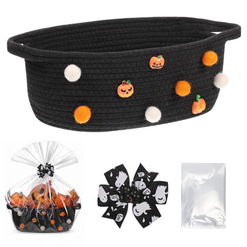 Halloween Woven Gift Basket Empty with Bow Clip Wrap Bag, Black