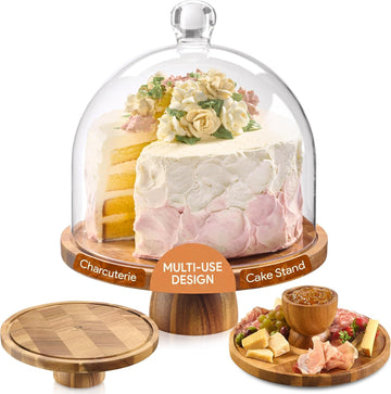 High Dome Acacia Wood Cake Stand with Lid - 12 in Round Cake Holder with Tall Acrylic Cloche Cover, 2in1 Dessert