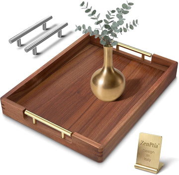 Acacia Wood Serving Tray with 2 Sets of Handles (Gold & Silver) - 17" Large Wooden Tray for Ottoman Coffee Table