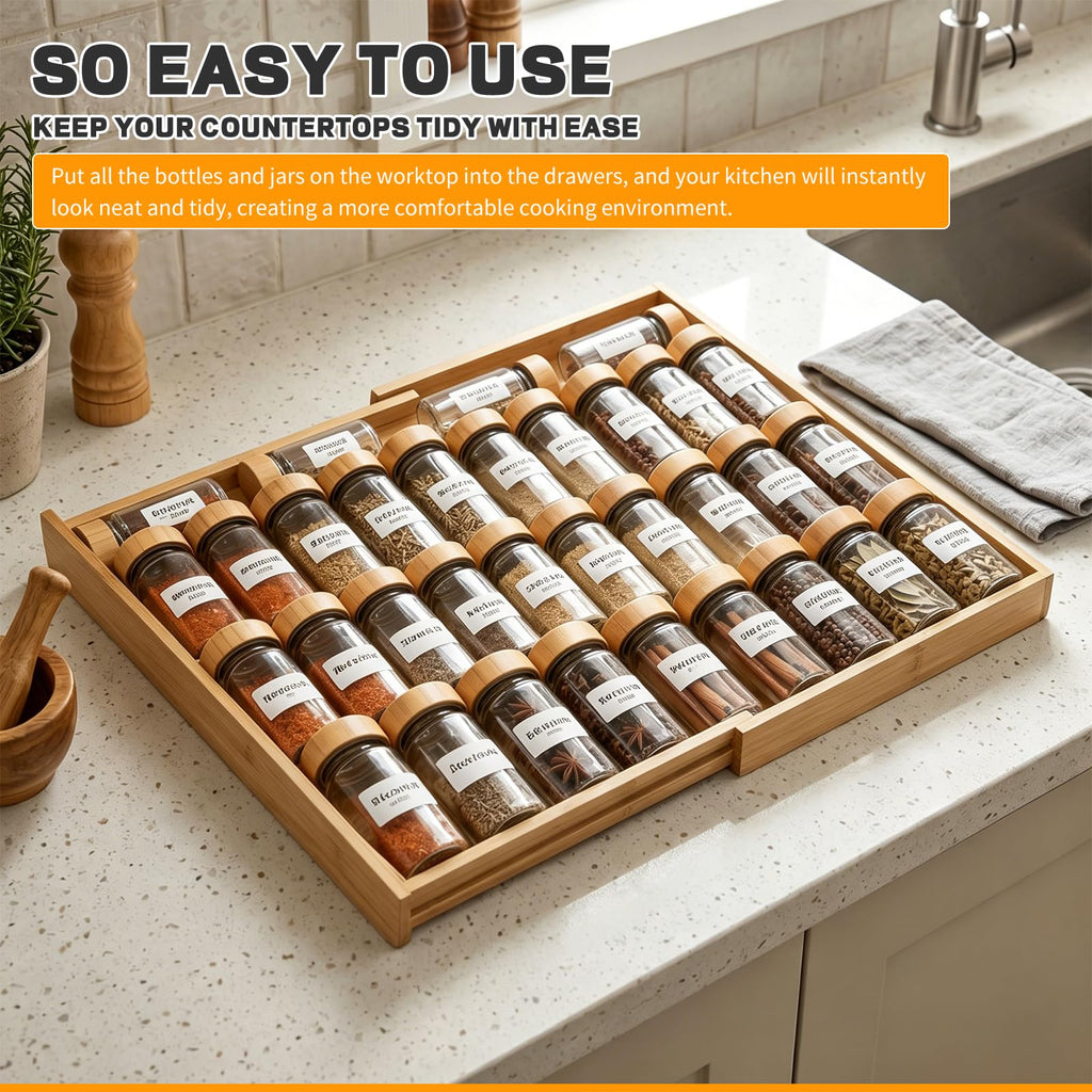 Bamboo Spice Drawer Organizer Expandable(Fits 2.6" Deep or Deeper Drawers), 4-Tier Spice Rack Drawer Insert