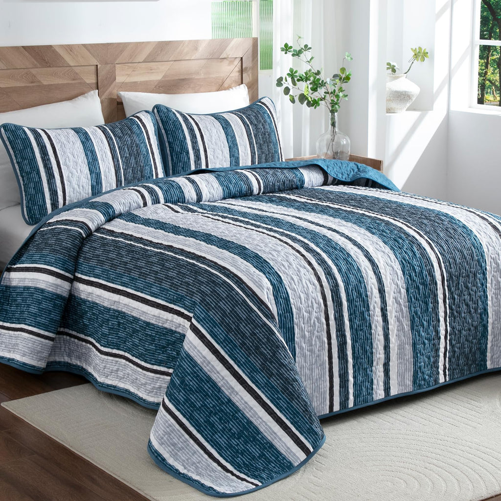 Quilt Set, Boho Striped Bedspread Coverlet Set, Navy Blue