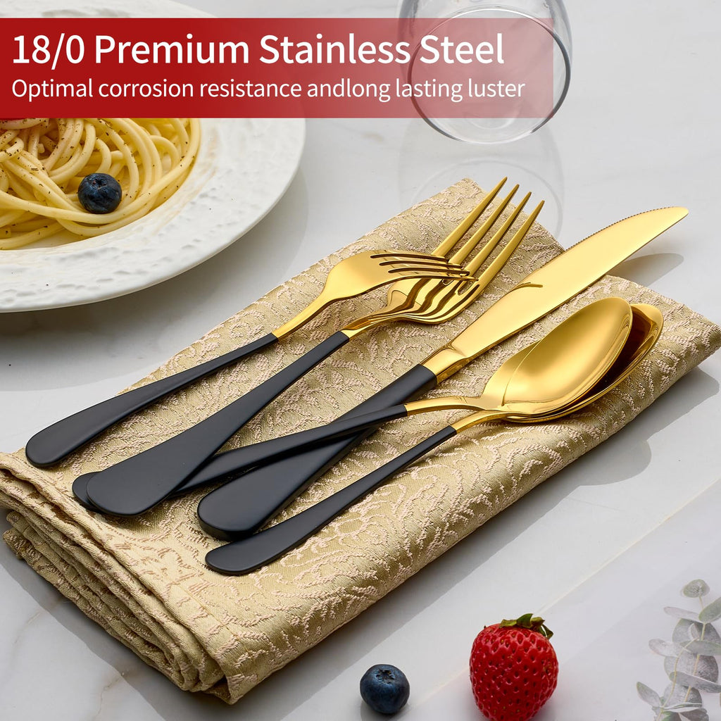 20-Piece Gold Silverware Set 18/0 Stainless Steel Flatware Black Handle Cutlery Set Service for 4 Dinner Knives Forks