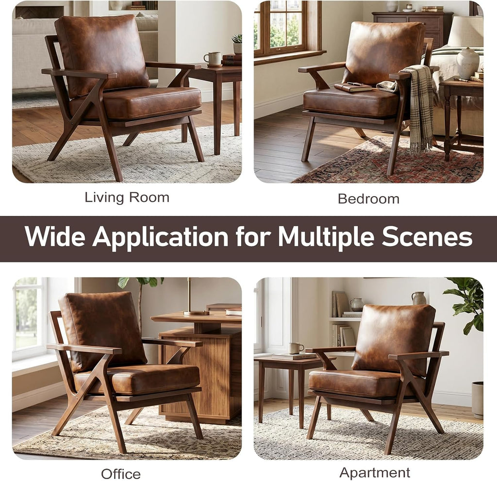 Faux Leather Accent Chair with Overstuffed Cushion, Mid-Century Modern Armchair with Solid Wood Frame, Upholstered